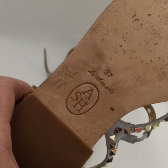 ASH "Peps" Icey-blue Gold Pyramid Studded Flat Sandals, size 37 - Picture 2 of 6